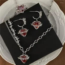 Hanger kettingen Rood kristal perzik hart doornaar ketting ketting voor vrouwen donkere charme zoete coole druppel oorbellen mode esthetische sieraden