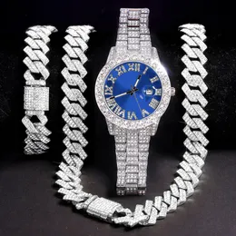 Bracciale Collana Ced Out Collana da uomo Orologio Bracciale Miami Curb Collana a catena a maglia cubana Oro argento Colore pavimentato Gioielli Hip Hop A 230214