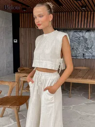 Dwuczęściowe spodnie damskie Bclout Summer Khaki Linen Zestaw 2 moda seksowna koronkowa uprawa topów wakacja elastyczna talia luźna długie garnitury 230215
