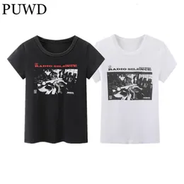 T-shirt das mulheres PUWD Soft Stretchy Tee Mulheres Algodão Fino Crewneck Collar Moda Senhoras Imprimir Camiseta Y2K Vintage Feminino Streetwear Tops 230215