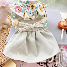 Hundkläder Cat Dress Bow Princess Fold spets krage Hög midja Liten blommig kjolvalp för husdjur