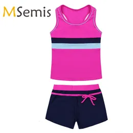 Barnens badkläder Kids Girls Tankini Swimsuit Gymnastics Leotard Swimwear Tankini Tops With Swim Shorts Bottom Children's Swimming Bathing Suit 230215