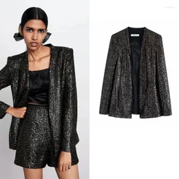 Kvinnors kostymer Fashion Sequin Buttonless Blazer Suit 2023 Sexiga kvinnor Svart Midlängd Casual Office Temperament Slim Commute Coats