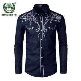 Mens Casual Shirts Western Cowboy Embroidery Men Long Sleeve Slim Fit Shirt Male Wedding Party Social Club Prom Chemise Homme 230214