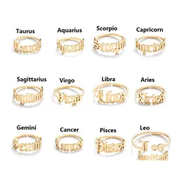 Band Rings Stainless Steel 12 Constellation Zodiac Ring For Women Men Antique Style Design Letter Leo Aries Open Minimalist Jewelry Dhz0U