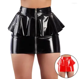 Skirts Woman Sexy Latex Skirt Leather Mini Dress Model Show Costume Easy Taking Off Zipper Couple Boyfriend Date Short PU Cloth Erotic