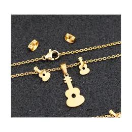 Orecchini Collana Set di gioielli in acciaio inossidabile Set di fidanzamento per amanti della chitarra Consegna a goccia Dh5Kw