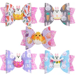 Easter kids Hair Accessories fashion 2023 baby girls playful cartoon anime leather side clip cute rabbit print Children's bow hairpin Y003