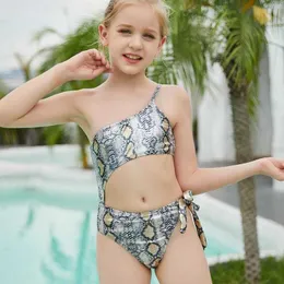 Childrens Swimsuit One pieces Bikini Oblique Shoulder Snakeskin Printed One