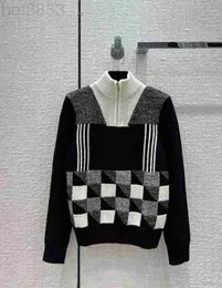 Damenpullover Designer Runway Herbst Winter Rollkragenpullover Reißverschluss Langarm Pullover Frauen Schwarz Grau Farbe Plaid Patchwork Muster Süße Strick N4LG