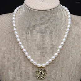 Chains Natural Pearl Bead Necklace Freshwater Cultured White Rice Shape Beaded Alloy Pendant For Jewelry Women Gift