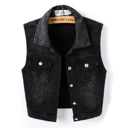 Womens Vests Spring Autumn Casual Black Denim Vest Jacket Korean Slim Jeans Coat Singlebreasted Short Female Waistcoat Outerwear 230215