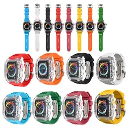 Correias esportivas luxuosas de borracha fluorada com estojos transparentes para relógio Apple 44 mm 45 mm Kit de modificação iwatch pulseiras de silicone e estojos transparentes para PC