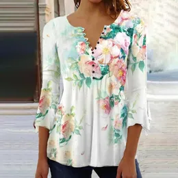 Women's Blouses Spring Summer Blouse Flower Print V Neck Three Quarter Sleeve Loose Pullover Dress-up Half Single-breasted Slim Fit Shirt