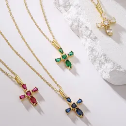 Pendant Necklaces BUY Fashion White/Blue/Green/Red Crystal CZ Cross High Quality Gold Color Stainless Steel Chain Necklace Women