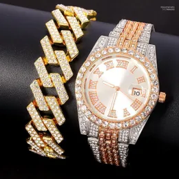 Armbandsur hiphop män kvinnor kristall fyrkantiga tenniskedjor halsband set bling strass is av armband klocksmycken moun22