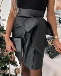 Saias Meni Mini saia PU Vestidos de couro preto Escritório Lady Belt elegante para