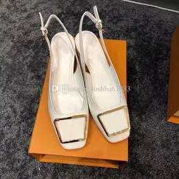 2023 novos sapatos de grife de alta qualidade moda feminina salto grosso cabeça chata costura sapatos formais cinto traseiro sapatos de banquete