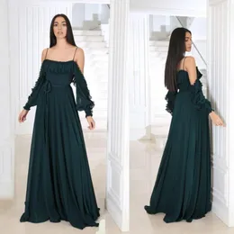 Sukienki imprezowe ciemnozielone wieczorne spaghetti linia zamiatanie pociąg szyfonowy sukienka Elegancka formalna suknie noś festile vestidos