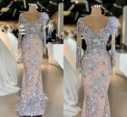 Furs Exquisite Lace Appliqued Prom Dresses Long Sleeves Sexy V Neck Beaded Formal Occasion Gowns For Women Mermaid Luxury Arabic Dubai Turkey Evening Dress CL1839
