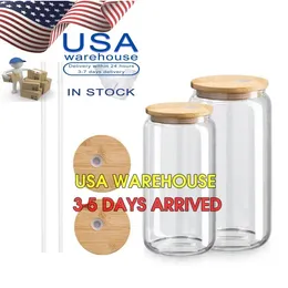 USA Stock 16oz Sublimation Glas Becher klarer gefrorener Eiskaffee -Tee -Tassen Strohbecher mit Bambusdeckel Sommertrinkflaschen 0515