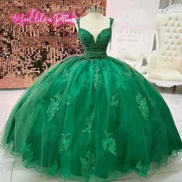 녹색 Quinceanera 드레스 구슬 공주 달콤한 15 가운 연인 레이스 아플리케 코르셋 백 댄스 파티 드레스 326 326