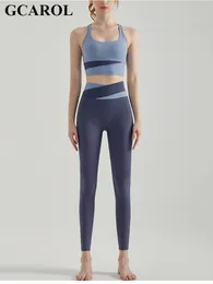 Women Dwuczęściowe spodnie gcarol kobiety splicowany kolor kontrastowy kombinezon fitness odporność na wstrząsy szybkie suszące jogę stanik stanik długość nogawki Sport 2 szt.