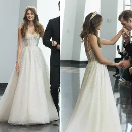 Bröllopsklänning 2023 Berta Sparkly klänningar Sexig spaghetti -paljetter En linjen brudklänningar golvlängd rygglös mantel