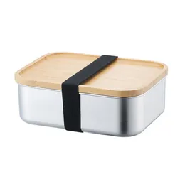 Lunhana de recipiente de alimentos de 800 ml com tampa de bambu Ret￢ngulo de a￧o inoxid￡vel Bento Caixa de madeira Cont￪iner de cozinha natural f￡cil para tomar SN4315