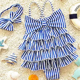 Roupas de banho infantis para meninas crian￧as praia de uma pe￧a de banho de banho marinha azul mai￴ listrado de 2 a 9 anos de nata￧￣o roupas273s
