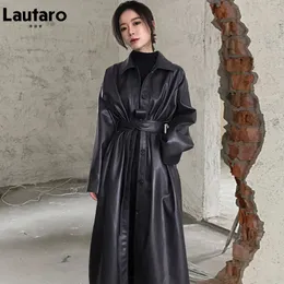 Womens Leather Faux Leather Lautaro Autumn Long Black Cool Pu Leather Trench Coat for Women Belt Single Breasted Loose Korean Fashion Passale Clothes 230216