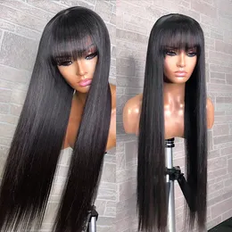 Brazilian Straight Human Hair Wigs With Bangs Remy Full Machine Made Human For Women Inch Glueless Fringe Wig