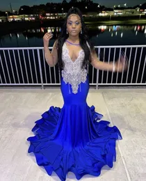 Robe de soirée sirène en cristal scintillant 2023 robe de bal grande taille bleu royal pour les filles noires à manches longues nuit robe de danse formelle élégante Aso Ebi robes de soirée africaines