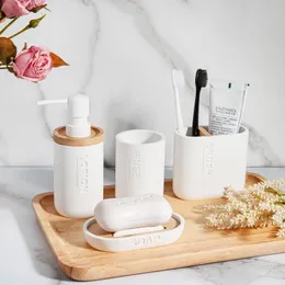 Badtillbehör Set White Simple Harts Bamboo Combination Badrums tvåldispenser Tumbler Tandborste Holder SoapTray Cleaning