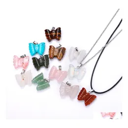 Anhänger Halsketten Natürliche Stein Geschnitzte Schmetterling Halskette Opal Tigerauge Rosa Quarz Kristall Chakra Reiki Heilung Für Frauen Schmuck Dh5Ny