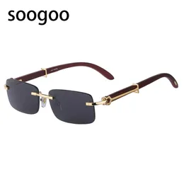 Sunglasses Natural Wooden Rimless Men Luxury Brand Designer Retro Classic Rectangle Frameless Sun Glasses for Male UV400 230215