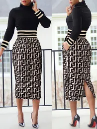 Urban Sexy Dresses Casual Autumn Winter Women Bodycon Long Sleeve Oneck Print Elegant Slim Penclil Office Lady Midi