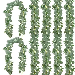 Flores decorativas de 36 pés de eucalipto artificial guirlanda com salgueiro folhas de vegetação de dólar prateado para festas de casamento mesa de casa interna