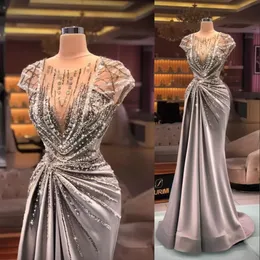 Arabic Sexy Luxury Prom Dresses Jewel Neck Illusion Cap Sleeves Crystal Beading Sequins Bling Formal Party Dress Evening Gowns Plus Size Sweep Train