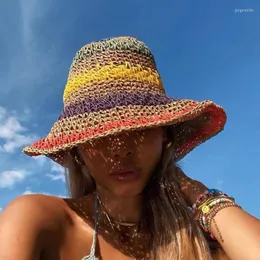 Cappelli larghi brim pieghevoli da sole bohémien floppy paglia arcobaleno fatto a mano per donne beach boho bucket panama fedoras