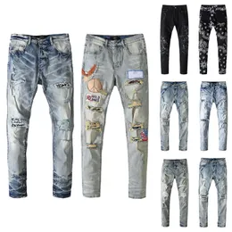 Jeans para hombres motocicletas rasgadas cl￡sicas jogger jogger jeans para mujeres con pintados a mano tejidos a mano para hacer pantalones sueltos de algod￳n de algod￳n delgada de la antigua moda