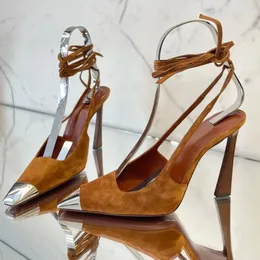 Sapatos formais ocre Sapatos femininos de metal com biqueira de ferro stiletto 105 mm Tornozelo envolvente Cabeça quadrada com cadarço Sapatos de vestido de grife de luxo até mesmo sapatos de fábrica com caixa e saco de pó