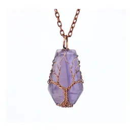 Pendant Necklaces Natural Stone Crystal Lucky Charms Tree Of Life Wire Wrap Amethyst Tiger Eye Rose Quartz Wholesale Jewelry For Wom Dhpml