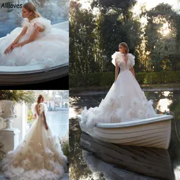 Fiori floreali 3D Maternità A Line Abiti da sposa Sexy Scollo a V Increspature Manica corta Abiti da sposa Aperto Indietro Sweep Train Boho Country Robes de Mariee CL1849