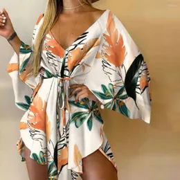 Casual Dresses Summer Beach Sundress Vestido S-3XL 10 Color Leaves Floral Printed Drawstring Party Mini Short Dress Women's Clothing