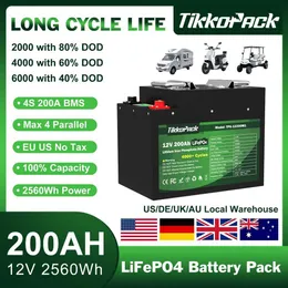 Tikkopack 12v 200ah LifePo4 حزمة البطارية بطاريات فوسفات الحديد الليثيوم 100 ٪ سعة 4000 دورة BMS 200A لضريبة القوارب خالية