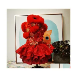 Vestido de cachorro feito artesanato roupas de estima￧￣o de roupas de estima￧￣o Red Festival Dress Sur Collar