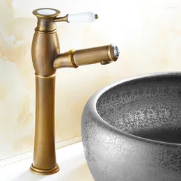 Torneiras de pia do banheiro Solid Bronze Solid Bronze Controle de Manças Única Antique Pull Out Faucet Basin Mixer Tap Robinet com Crystal Decoratio