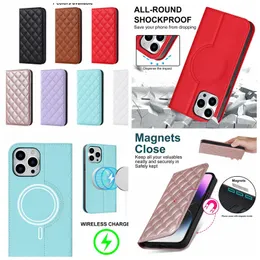 Modische magnetische Leder-Geldbörsenhüllen für iPhone 14 Pro Max Plus 13 12, Saugverschluss, Kreditkartenfach, Taschenhalter, Ständer, karierte Diamantmaserung, Flip-Cover-Tasche