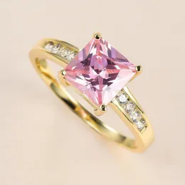 Wedding Rings Princess Cut Square For Women Gold Color Cute Pink Zircon Stone Simple Engagement Ring Jewelry CZ